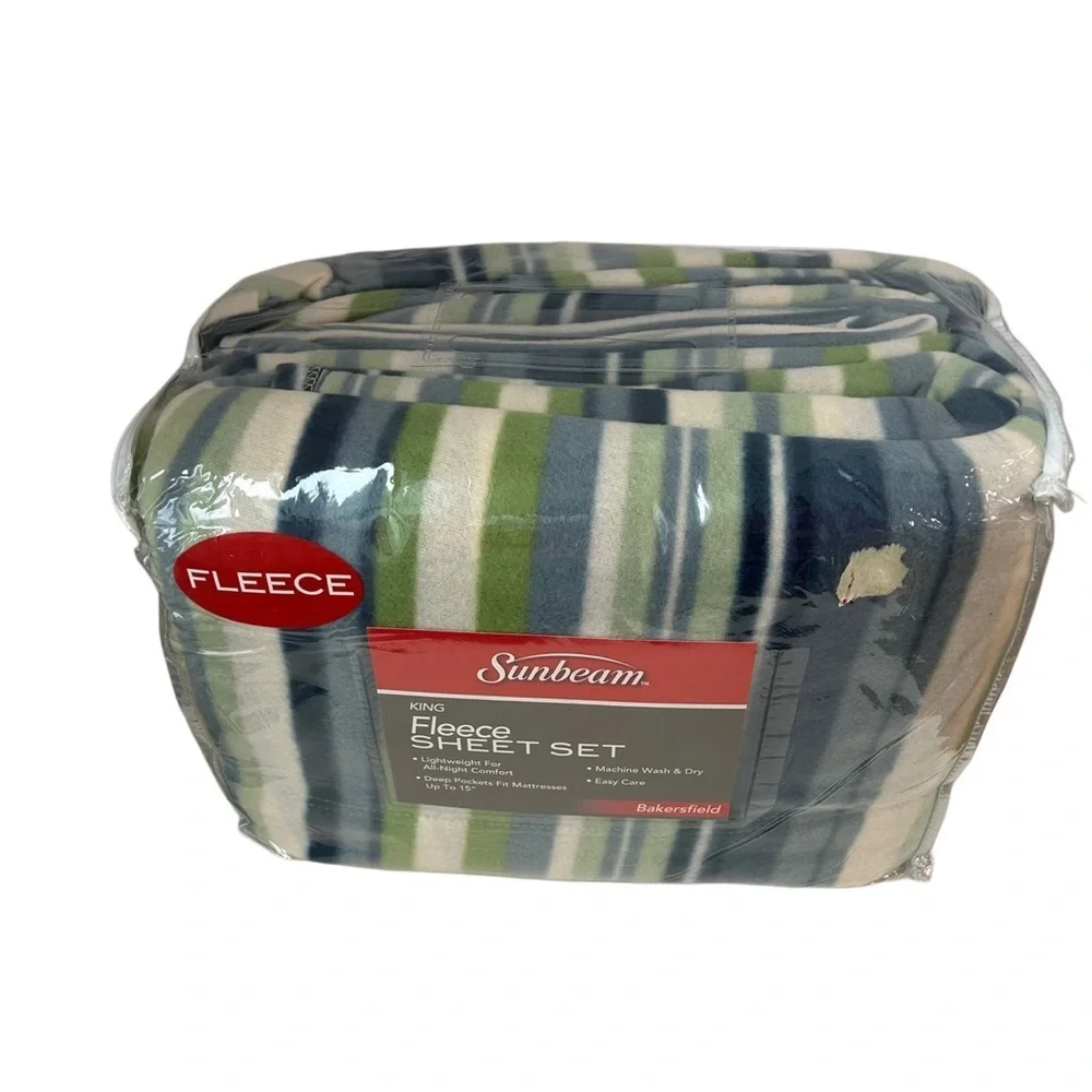 Sunbeam King Fleece Sheet Set Striped Green Blue Bakersfield (NWT).